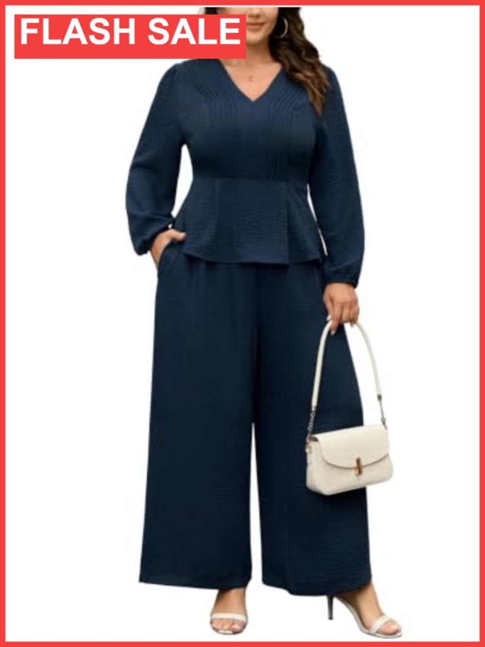 Women Plus Size 2 Piece Peplum Top Wide Leg Pants Set